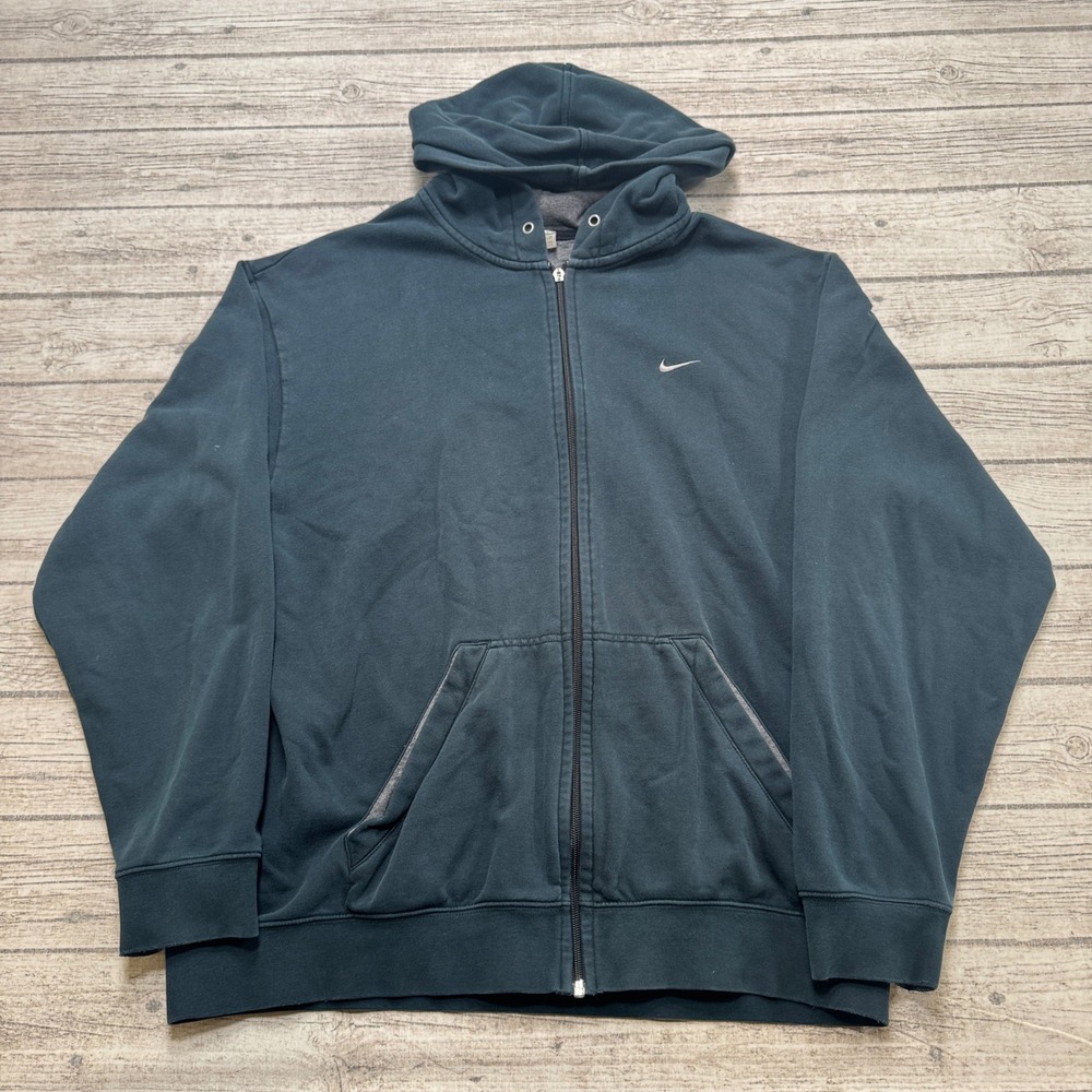 Y2K Nike Hoodie Men's XL Navy Blue Swoosh Fleece Full Zip Silver Tag Athleisure